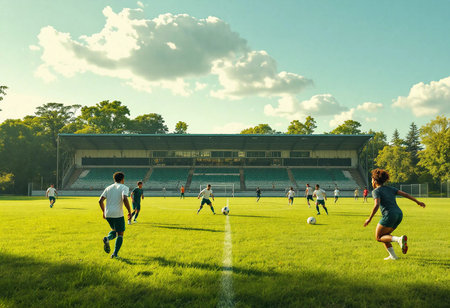 A vibrant soccer match takes place on a lush green field under a clear blue sky. Players showcase their skills as they chase the ball energetically in a friendly competition.の素材