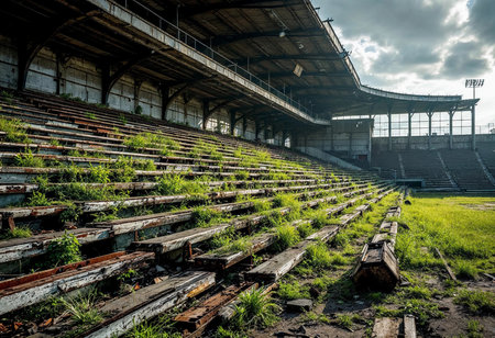 Amidst worn wooden benches, grass and weeds thrive at an abandoned stadium, showcasing nature's resilience. Time has transformed this once vibrant venue into a serene, overgrown sanctuary.の素材