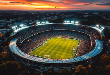 As the sun sets beyond the horizon, a stadium buzzes with energy. Thousands of fans cheer passionately, creating a lively atmosphere that electrifies the evening sky.の素材