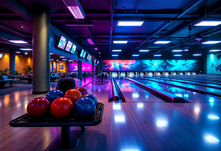 Visitors enjoy a lively evening at a modern bowling alley filled with colorful lights and polished lanes. Striking hues and glowing bowling balls create a festive atmosphere.の素材