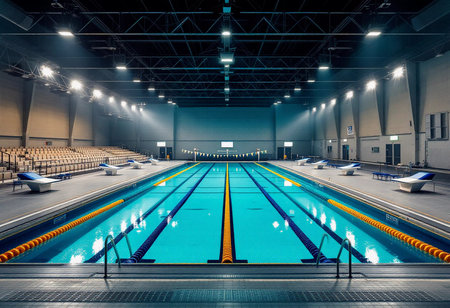 Water glimmers under glowing lights in a spacious indoor swimming pool. Lanes are marked, ready for competition or leisurely laps. Seats are empty, awaiting eager swimmers.の素材