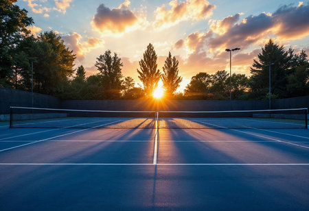 Golden sunlight cascades over a deserted tennis court, casting long shadows as the sun dips below the horizon. Trees silhouette against vibrant clouds in a peaceful evening retreat.の素材