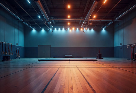 An expansive gym fills the evening with soft blue and orange lights, showcasing mats and rings. The wooden floors reflect the ambiance, inviting movement and energy from athletes.の素材