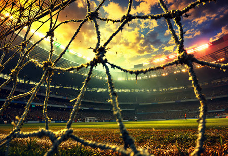 As the sun sets, vibrant colors fill the sky above a packed stadium. Supporters cheer passionately while players engage in an exciting soccer match on the lush green field.の素材