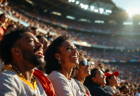 A vibrant group of diverse fans experiences the excitement of a live match, joy radiating from their smiles as they cheer passionately from the stands during a warm evening.の素材