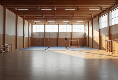 Sunlight streams through large windows, illuminating a spacious indoor gym. Mats are neatly arranged on polished wooden floors, with gymnastic rings and frames waiting for athletes to practice.の素材