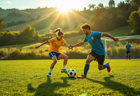 Two young athletes engage in a spirited soccer match as the sun sets behind them, highlighting their determination and agility against a backdrop of lush greenery.の素材