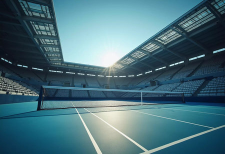 Warm sunlight pours over a pristine blue tennis court, highlighting the empty stands of a stylish stadium. The tranquil atmosphere suggests anticipation for an exciting match.の素材