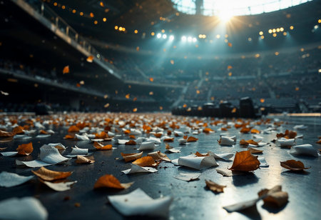 A concert stage adorned with fallen autumn leaves, capturing a moment post-performance. Warm light streams down, creating an ambiance of nostalgia and joy as echoes of music linger.の素材
