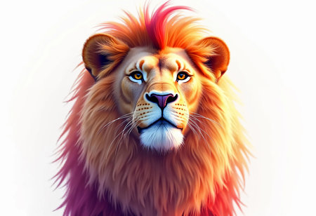 A striking depiction of a lion with a magnificent mane, showcasing a blend of golden and fiery colors. Its expressive eyes gaze ahead, radiating strength and nobility against a light background.の素材