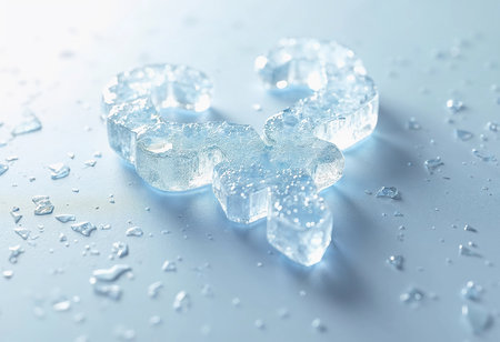 An intricate ice sculpture shaped like a question mark rests on a smooth blue surface, surrounded by tiny shards of ice. Light reflects, creating a shimmering effect.の素材