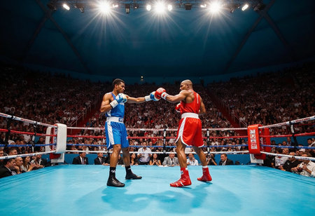 Two skilled boxers engage in a fierce match, exchanging powerful punches and showcasing their athleticism. The crowd roars with excitement as the fighters move energetically in the ring.の素材