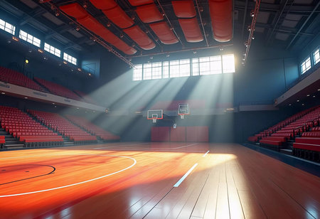 Sunlight streams through large windows, casting dramatic beams on a polished basketball court. The arena is empty, showcasing its bright wooden floor and red seating, creating a serene atmosphere.の素材