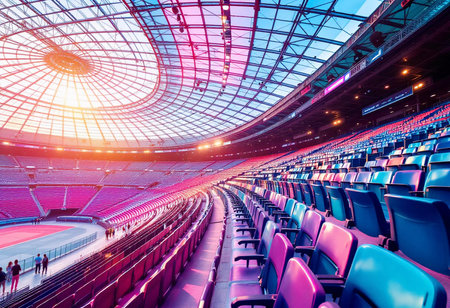 Under a stunning gradient of colors, the vast stadium showcases its modern design. Rows of empty seats catch the warm light, inviting anticipation for future events in this iconic venue.の素材