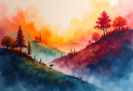 Rich hues of orange, red, and purple fill the sky as the sun sets behind mist-covered hills.の素材