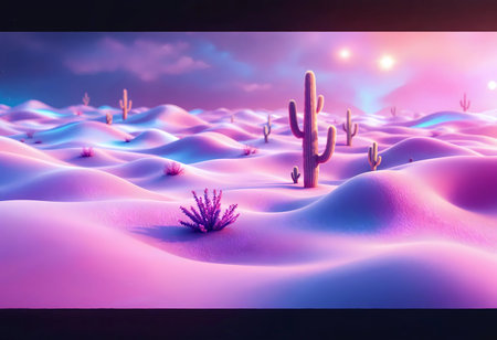 A surreal desert unfolds with rolling sand dunes, vibrant pink hues, and towering cacti. The twilight illuminates the landscape, creating an enchanting, otherworldly atmosphere.の素材