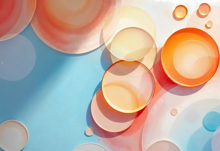 Brightly colored circles create a striking visual display against a cool blue background.の素材