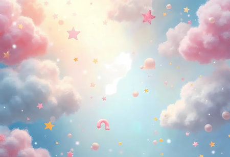 Soft pink clouds float serenely in a dreamy sky filled with pastel colors, twinkling stars, and playful shapes. A serene atmosphere invites daydreams of wonder and joy.の素材