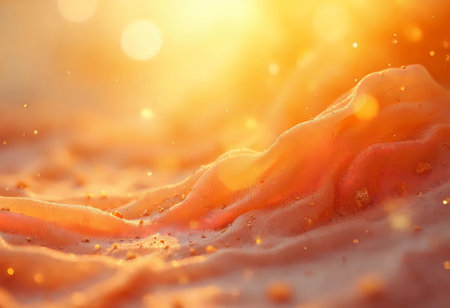 Golden grains of sand shimmer as they catch the last rays of sunlight. The warm glow creates a picturesque landscape, inviting serenity and inspiration in the fading day.の素材