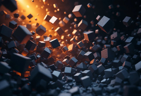 A mesmerizing display of floating cubes, swirling amidst warm hues of light. The ethereal ambiance creates a sense of movement and depth, captivating the imagination in a surreal space.の素材
