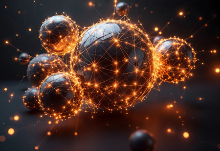 Floating spheres radiate a mesmerizing glow as they intertwine within a cosmic backdrop. Delicate connections shimmer, echoing the beauty of the universe, captivating all who gaze upon them.の素材