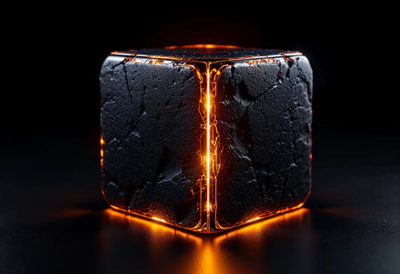 A glowing cube with cracked black surface sits in darkness, radiating fiery orange light. The surrounding shadows enhance its mystical presence, creating an atmosphere of intrigue.の素材