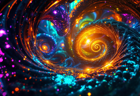 Colorful spirals of light dance and intertwine in a mesmerizing display, creating a vivid, otherworldly atmosphere filled with energy and brilliance, perfect for inspiring imagination and creativity.の素材