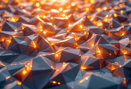 A captivating array of three-dimensional shapes glisten with warm orange light, creating a mesmerizing landscape. The textures and angles reflect the glow, evoking a sense of depth and intrigue.の素材