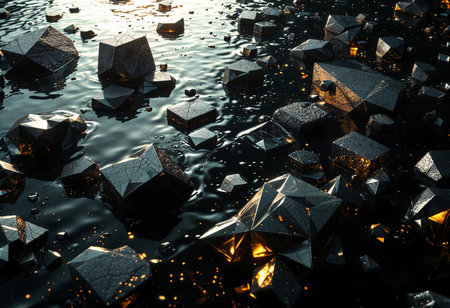 Geometric shapes sparkle as they float on still water, reflecting soft lights during a tranquil sunset. The contrast creates a magical atmosphere filled with wonder and beauty.の素材