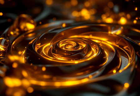 Intricate patterns twist and spiral in a radiant display of golden hues, capturing soft light that glimmers and sparkles. This dynamic composition evokes a sense of fluid motion and luxury.の素材