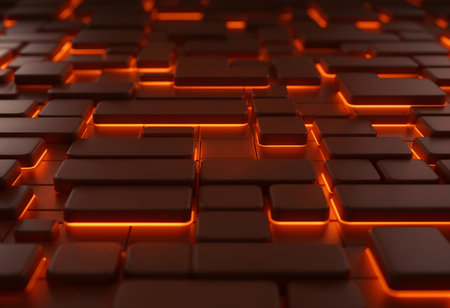 Warm orange lights illuminate a mosaic of dark geometric shapes, creating a captivating abstract design. The glowing patterns evoke a sense of depth and modernity in this creative composition.の素材