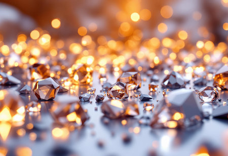 Dazzling crystals twinkle under warm golden lights, creating an enchanting atmosphere. The arrangement highlights facets and reflections, inviting admiration and wonder.の素材