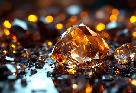 An exquisite amber crystal sits atop shimmering fragments, catching and reflecting warm golden light. This artistic display creates a captivating atmosphere, perfect for evoking elegance.の素材