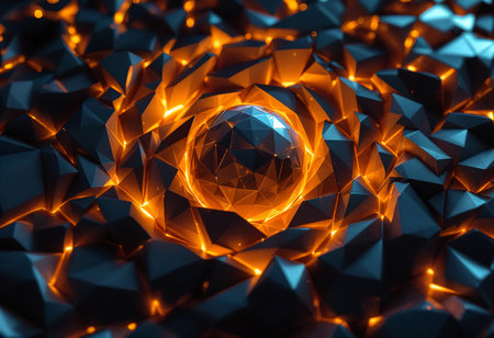 A captivating arrangement of geometric shapes forms a striking spiral, where warm orange hues contrast against deep black tones, evoking a sense of movement and depth in an abstract realm.の素材