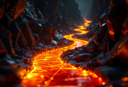 A mesmerizing river of glowing lava winds through a jagged canyon, illuminating the dark rocks around it. The intense heat and vibrant colors create a striking contrast in the breathtaking landscape.の素材