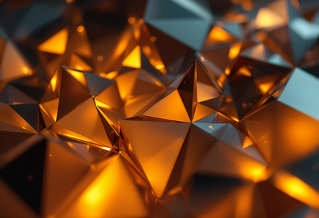 Intricate triangular shapes create a mesmerizing pattern, reflecting warm orange hues. Light dances across the shiny surfaces, enhancing the vibrant energy in this captivating composition.の素材