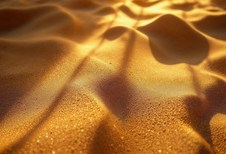 Warm sunlight bathes the sandy terrain, highlighting the contours and textures of golden grains. The gentle curves create a mesmerizing visual flow, inviting tranquility and exploration.の素材