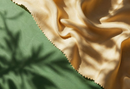 Luxurious golden silk drapes softly over a green fabric surface, casting delicate shadows. This serene composition invites a sense of calmness and warmth during a quiet afternoon.の素材