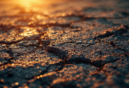 As the sun sets on a dry landscape, the cracked earth sparkles with remnants of moisture, showcasing nature's resilience and beauty in the fading light of day.の素材