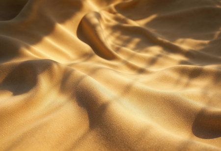 Soft golden sand undulates gently, capturing the warm glow of the setting sun. Intricate shadows dance across its surface, creating a serene and tranquil atmosphere in this desert landscape.の素材