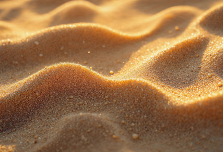 A gentle wave of golden sand catches the last rays of sunlight, creating a serene landscape. The smooth contours evoke the calm tranquility of a desert at dusk, capturing nature's beauty.の素材