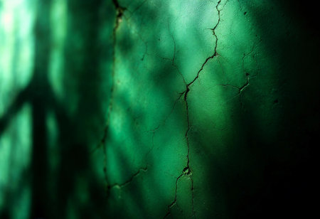 Sunlight filters through leaves, casting delicate shadows on a cracked green wall. The interplay of light and texture evokes a sense of tranquility in a serene outdoor setting.の素材