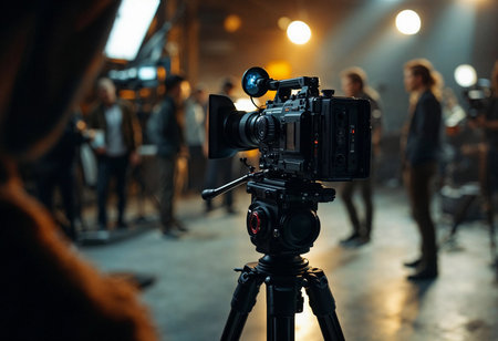 A bustling film studio comes alive as crew members collaborate on an artistic project. The atmosphere buzzes with creativity, illuminated by soft lighting and focused energy.の素材