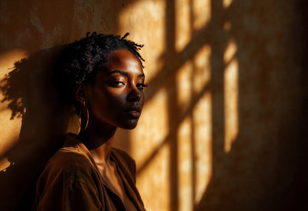 A woman stands against a textured wall, her features softly illuminated by warm golden light. Intriguing shadows dance across her face, enhancing the moment's depth and emotion.の素材