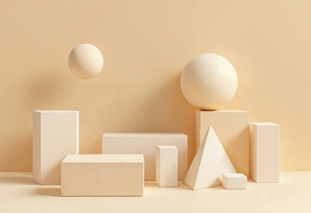 A harmonious arrangement of geometric shapes in various sizes creates an artistic display. Soft tones of beige and cream evoke a serene atmosphere, inviting contemplation of form and texture.の素材