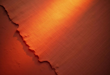 Soft, warm light casts a glow on a gently torn piece of fabric, accentuating its texture and color. The harmony of light and material invites a sense of tranquility and comfort.の素材