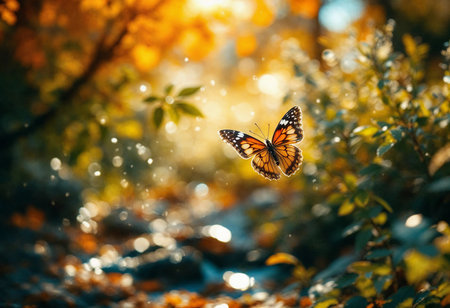 A vibrant orange butterfly dances through the golden hues of an autumn forest. Sunlight streams through the leaves, creating a magical atmosphere filled with warmth and tranquility.の素材