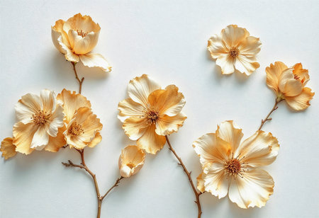 Soft ivory flowers with intricate details are artistically arranged on a pale backdrop. Their petals create a serene atmosphere, embodying beauty and tranquility in a harmonious display.の素材