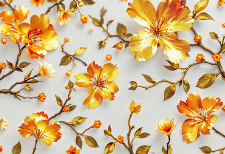 Intricate floral designs in warm orange and yellow hues adorn a neutral backdrop. Each flower and branch harmoniously reflects the essence of autumn's glow and beauty.の素材