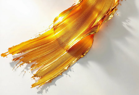 A striking golden brushstroke flows effortlessly across a bright surface, capturing the essence of creativity and artistry. The shimmering texture evokes warmth and inspiration.の素材